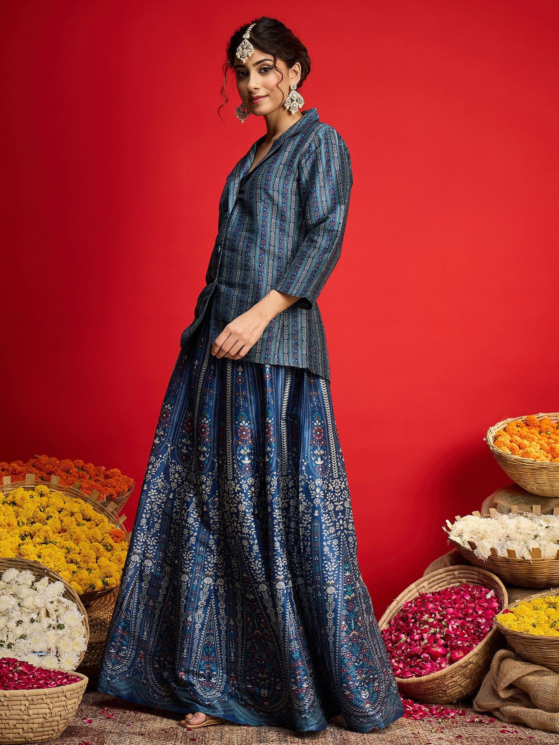 Blue Multi Floral Blazer Top With Anarkali Skirt -Shae By SASSAFRAS
