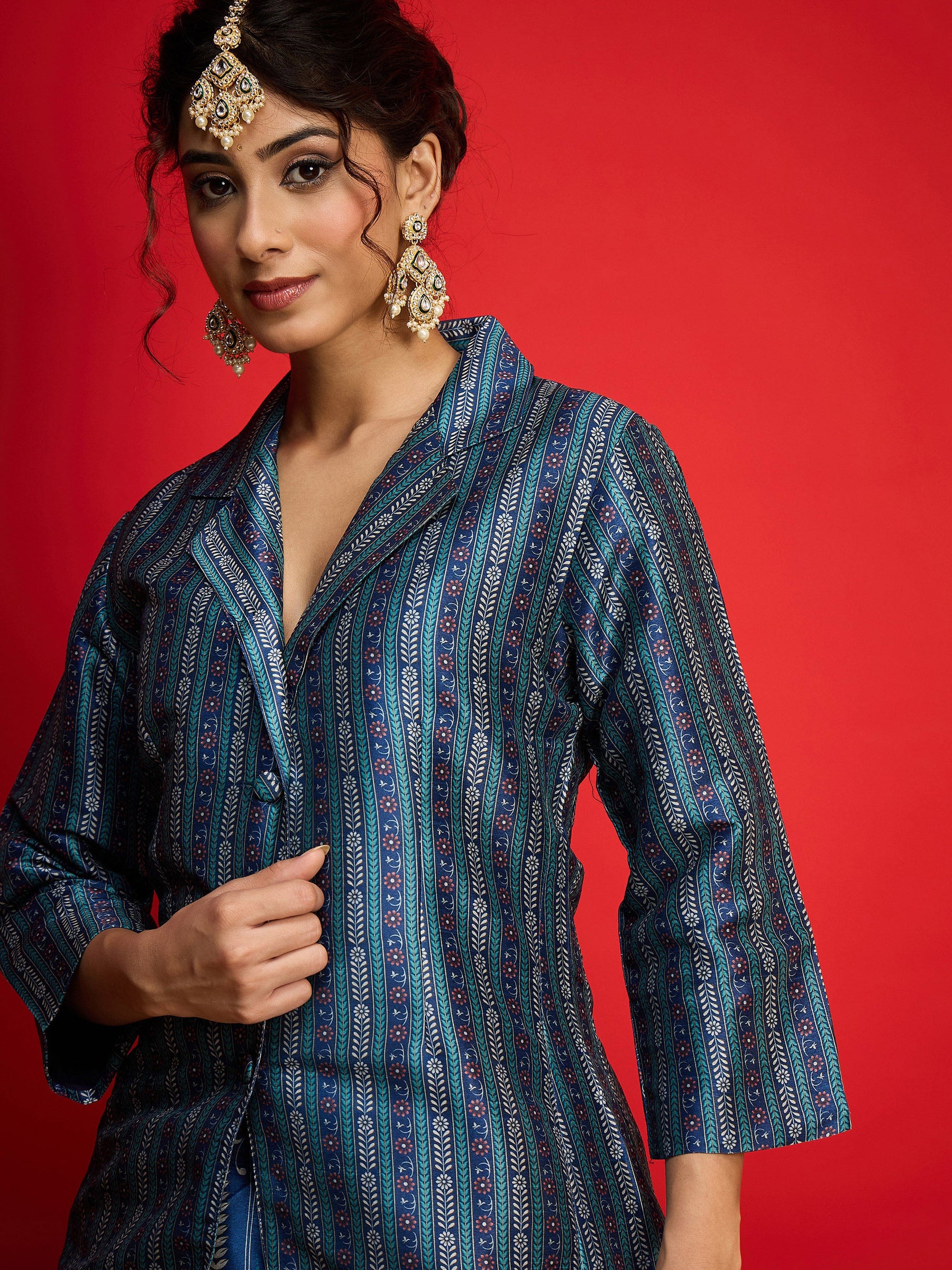 Blue Multi Floral Blazer Top With Anarkali Skirt -Shae By SASSAFRAS
