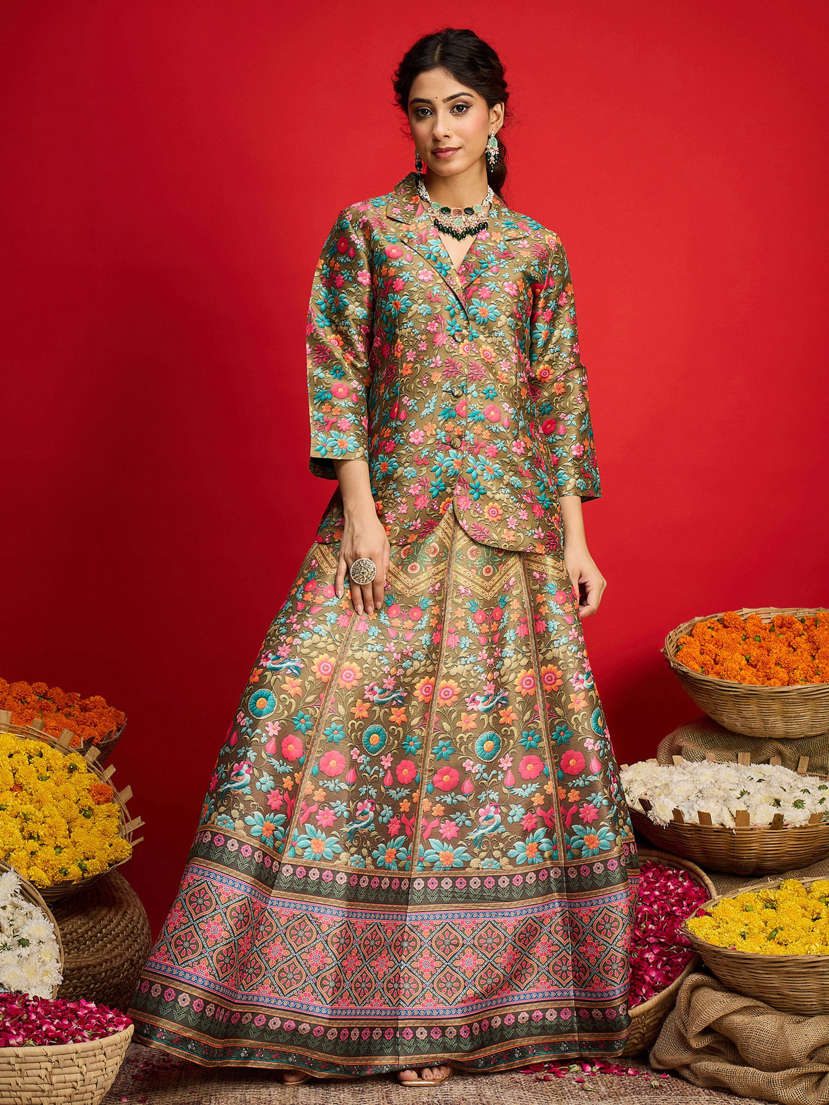 Olive Multi Floral Blazer Top With Anarkali Skirt -Shae By SASSAFRAS