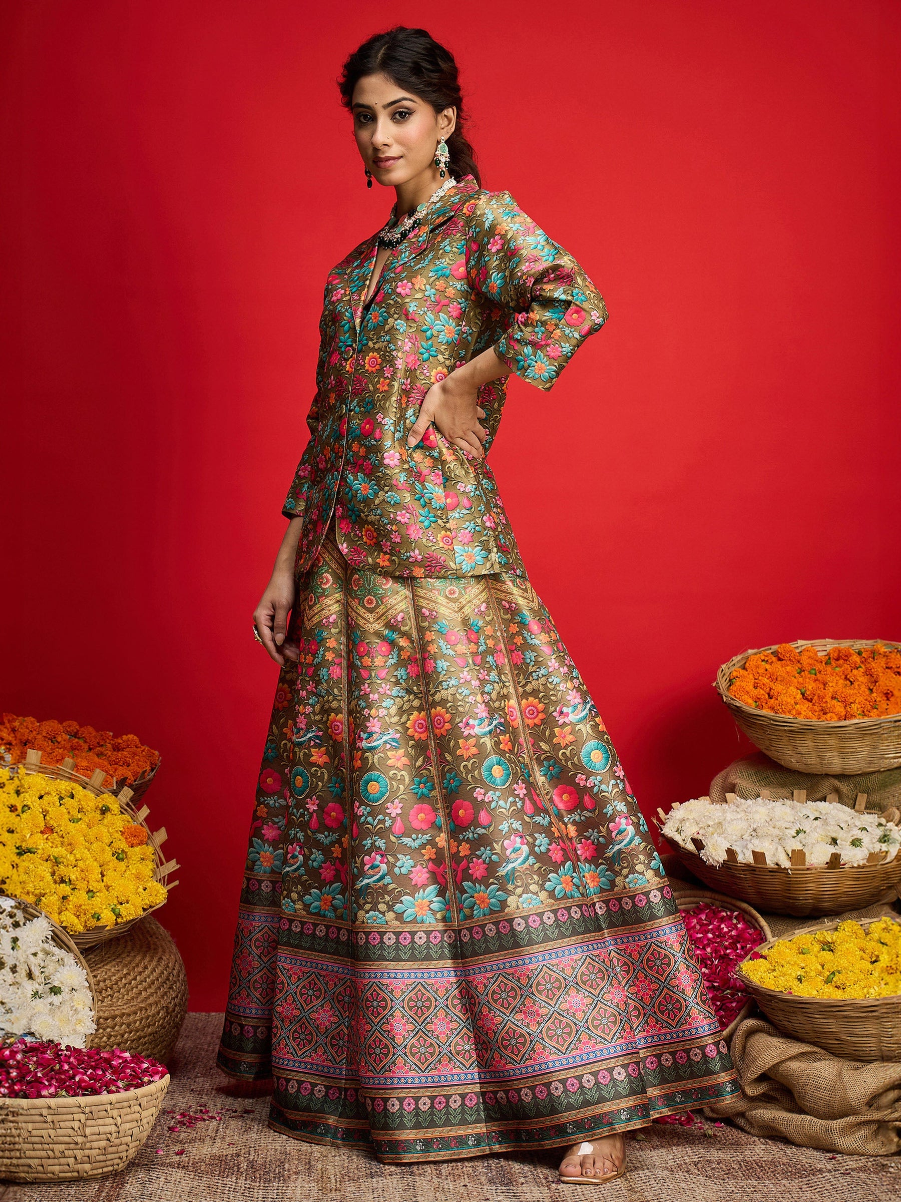 Olive Multi Floral Blazer Top With Anarkali Skirt -Shae By SASSAFRAS