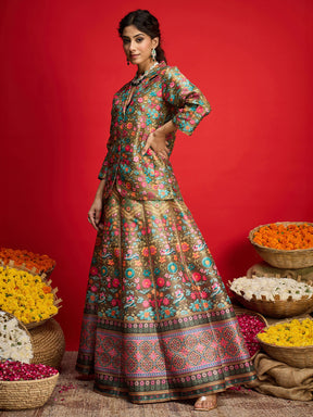 Olive Multi Floral Blazer Top With Anarkali Skirt -Shae By SASSAFRAS