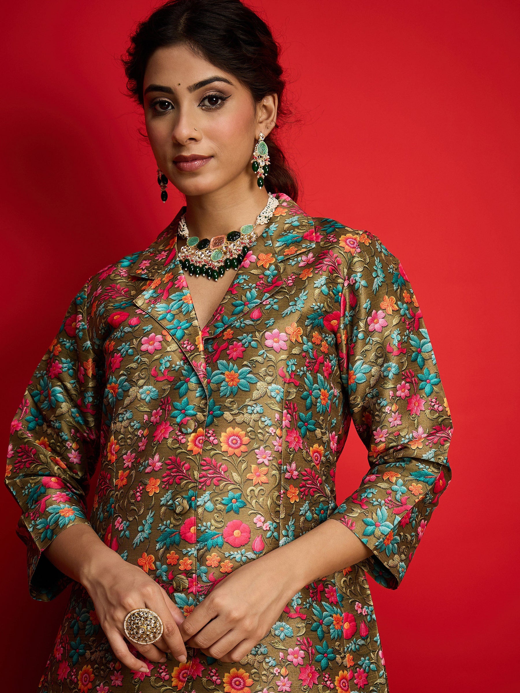 Olive Multi Floral Blazer Top With Anarkali Skirt -Shae By SASSAFRAS