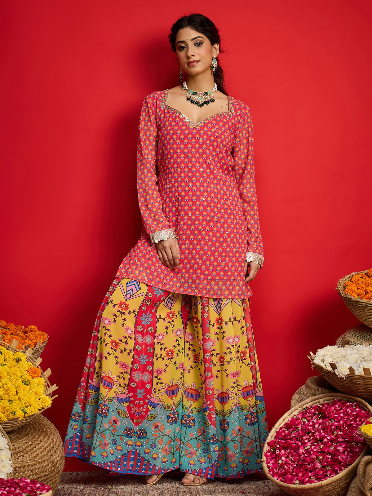 Pink Floral Georgette Short Kurta With A Line Kali Palazzo-Shae By SASSAFRAS