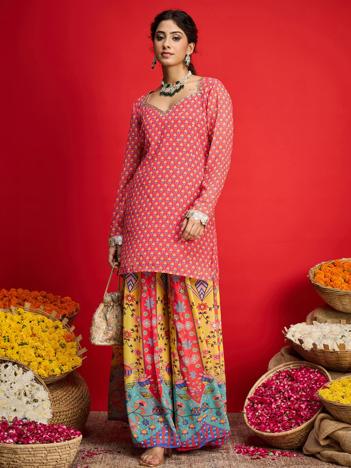 Pink Floral Georgette Short Kurta With A Line Kali Palazzo-Shae By SASSAFRAS