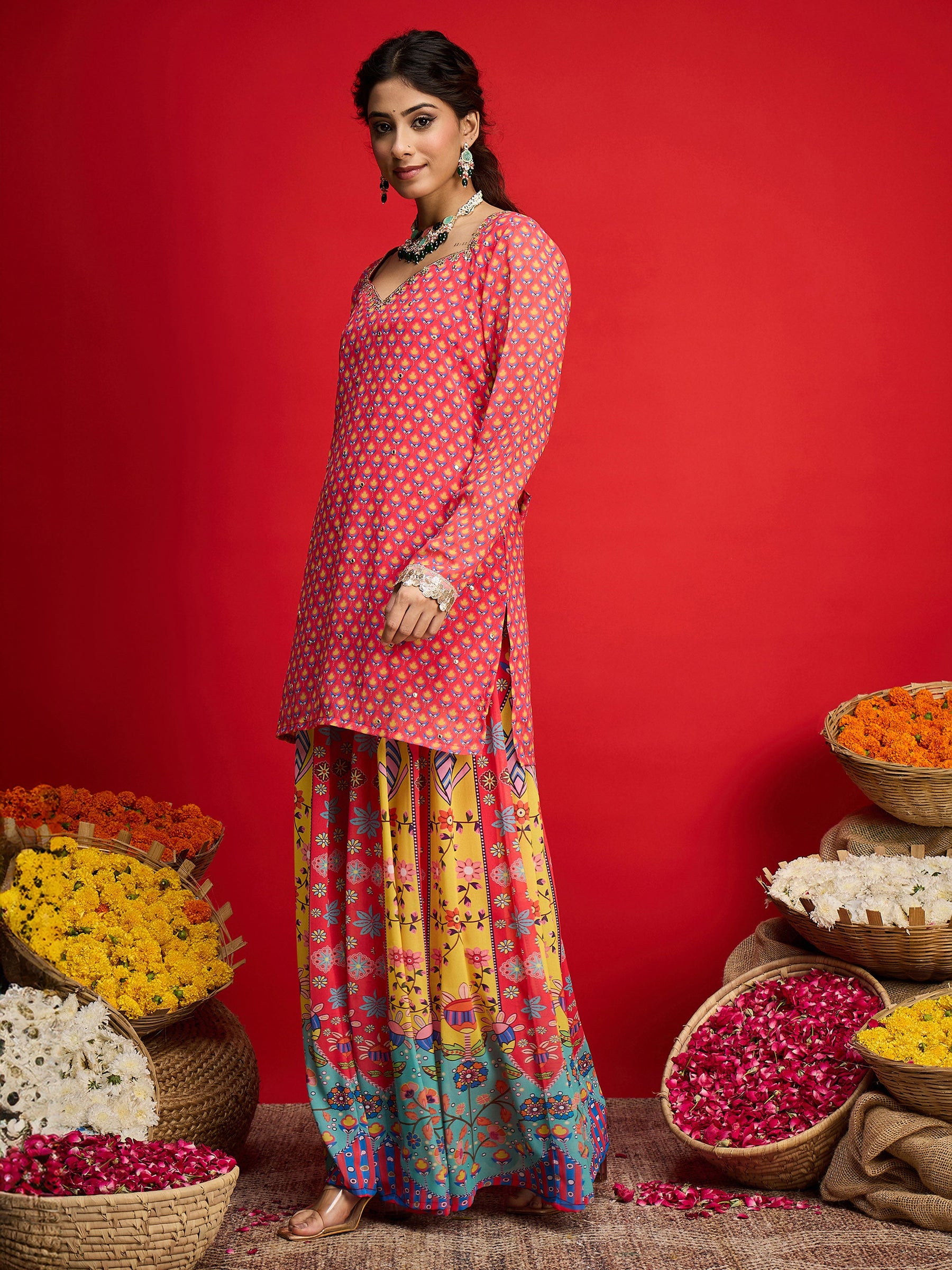 Pink Floral Georgette Short Kurta With A Line Kali Palazzo-Shae By SASSAFRAS