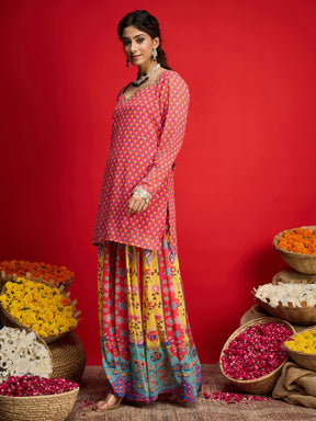 Pink Floral Georgette Short Kurta With A Line Kali Palazzo-Shae By SASSAFRAS