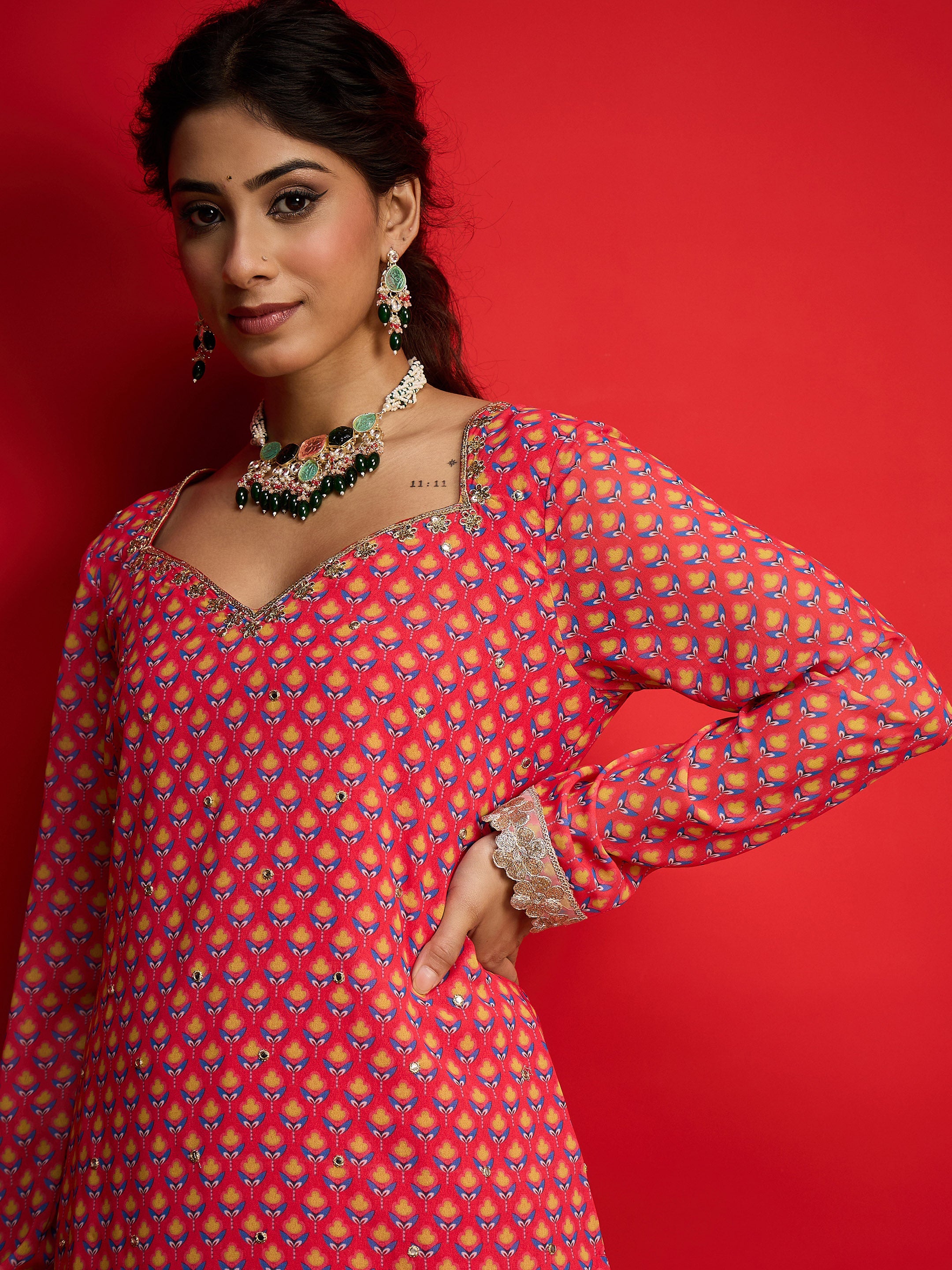 Pink Floral Georgette Short Kurta With A Line Kali Palazzo-Shae By SASSAFRAS
