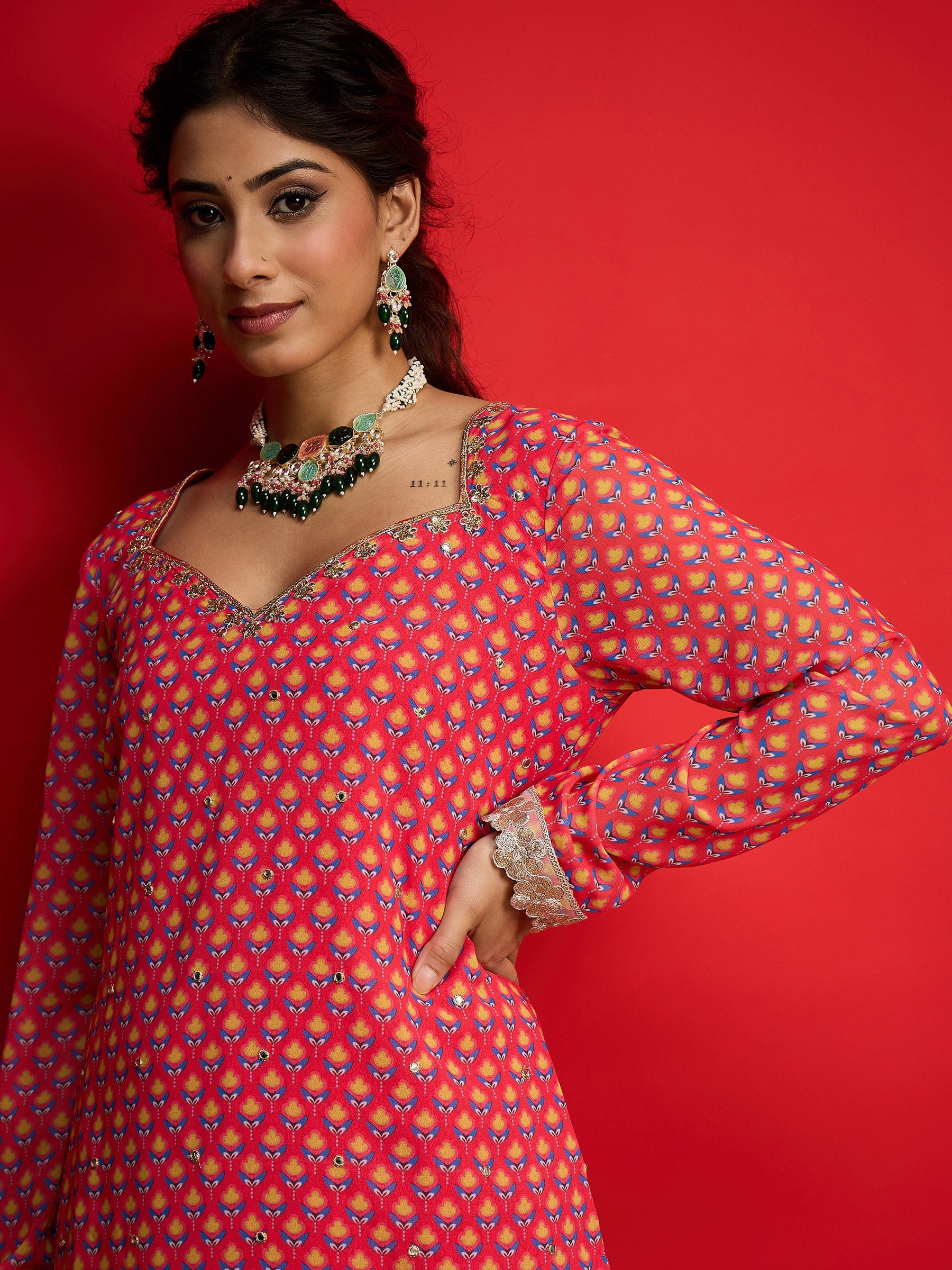 Pink Floral Georgette Short Kurta With A Line Kali Palazzo-Shae By SASSAFRAS
