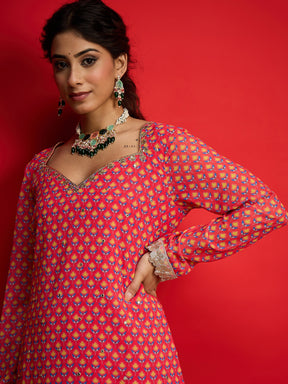 Pink Floral Georgette Short Kurta With A Line Kali Palazzo-Shae By SASSAFRAS