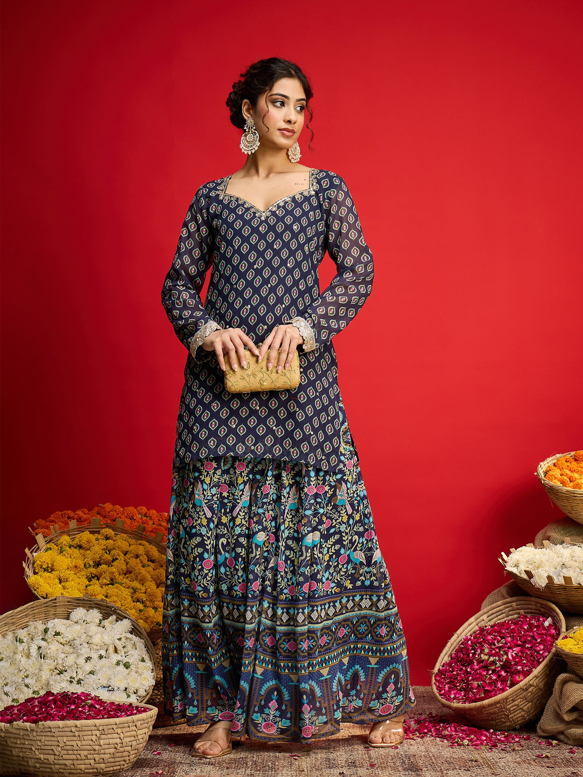 Navy Floral Georgette Short Kurta With A Line Kali Palazzo-Shae By SASSAFRAS