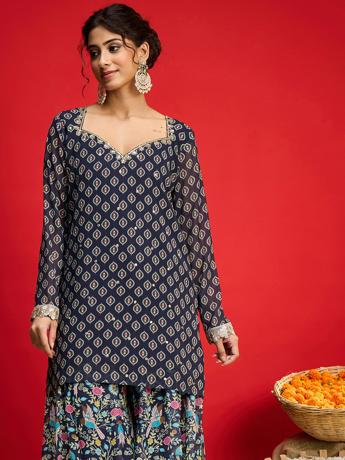 Navy Floral Georgette Short Kurta With A Line Kali Palazzo-Shae By SASSAFRAS