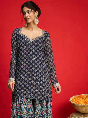 Navy Floral Georgette Short Kurta With A Line Kali Palazzo-Shae By SASSAFRAS