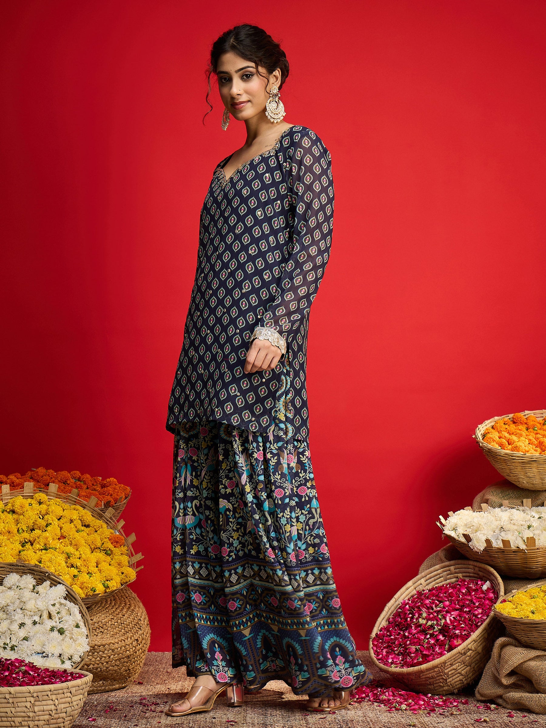 Navy Floral Georgette Short Kurta With A Line Kali Palazzo-Shae By SASSAFRAS