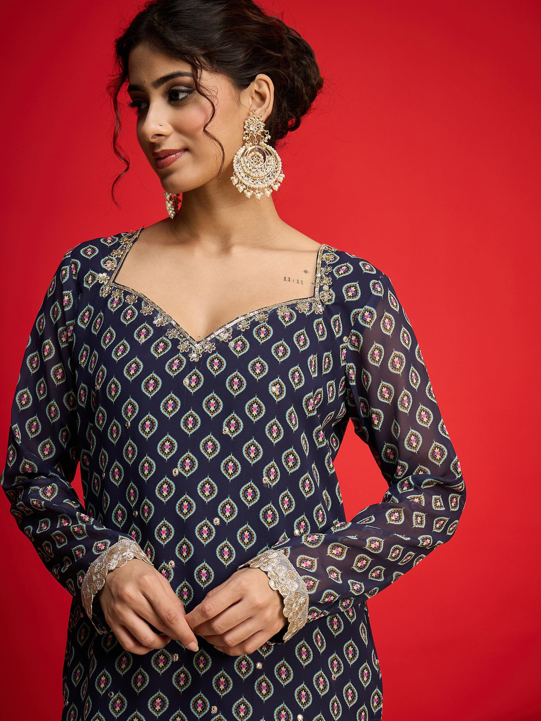 Navy Floral Georgette Short Kurta With A Line Kali Palazzo-Shae By SASSAFRAS
