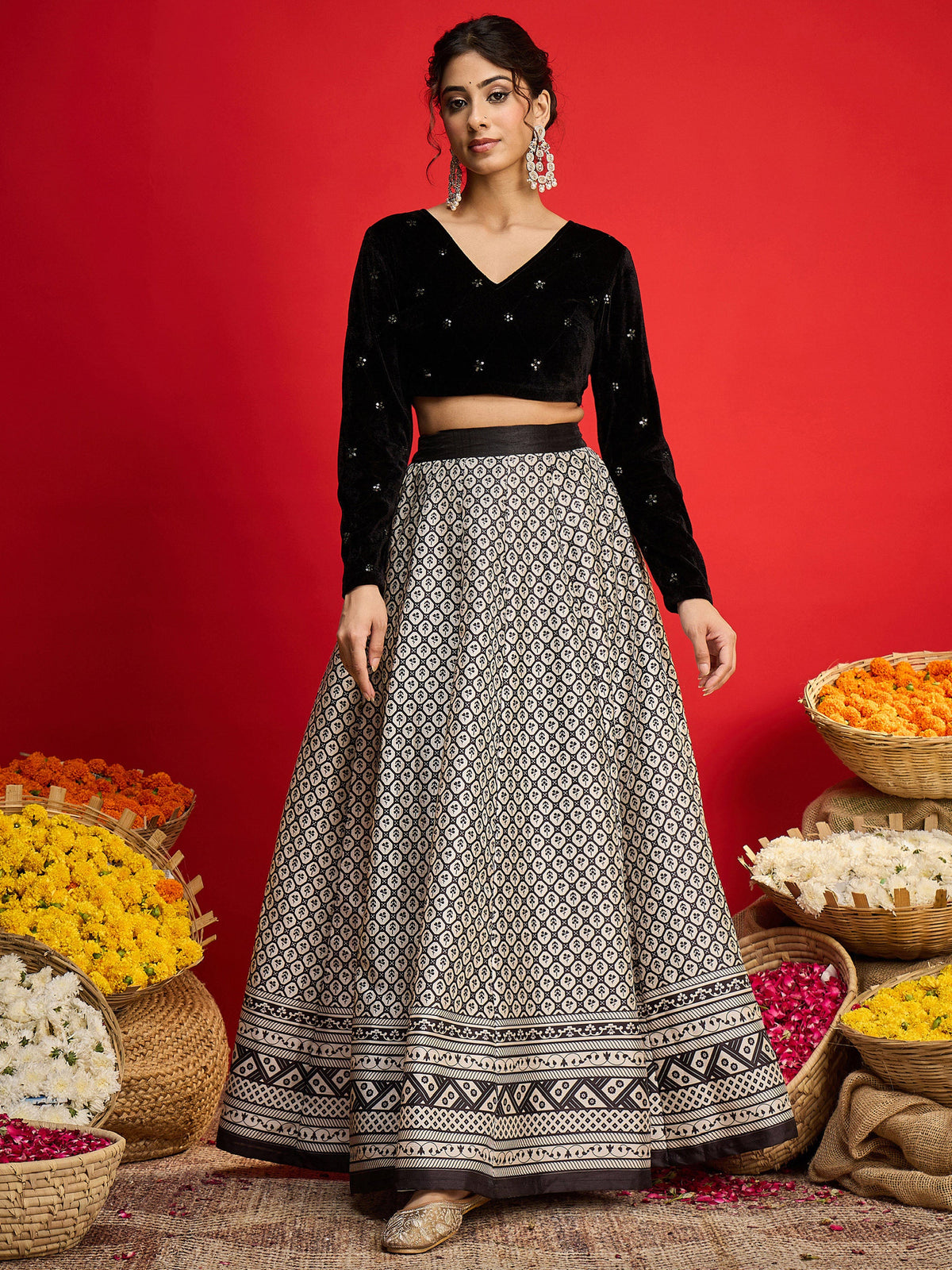 Black Velvet Embroidered Crop Top With Anarkali Skirt-Shae By SASSAFRAS