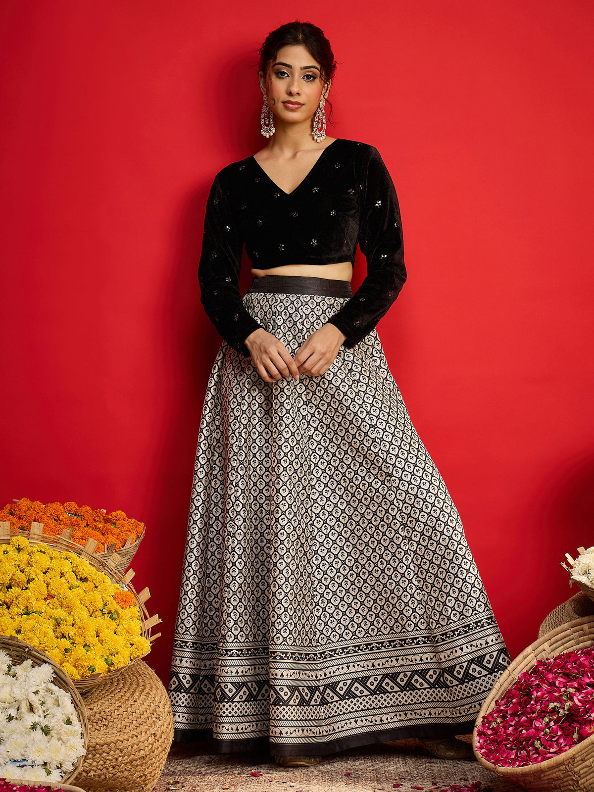 Black Velvet Embroidered Crop Top With Anarkali Skirt-Shae By SASSAFRAS