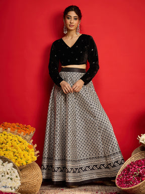 Black Velvet Embroidered Crop Top With Anarkali Skirt-Shae By SASSAFRAS
