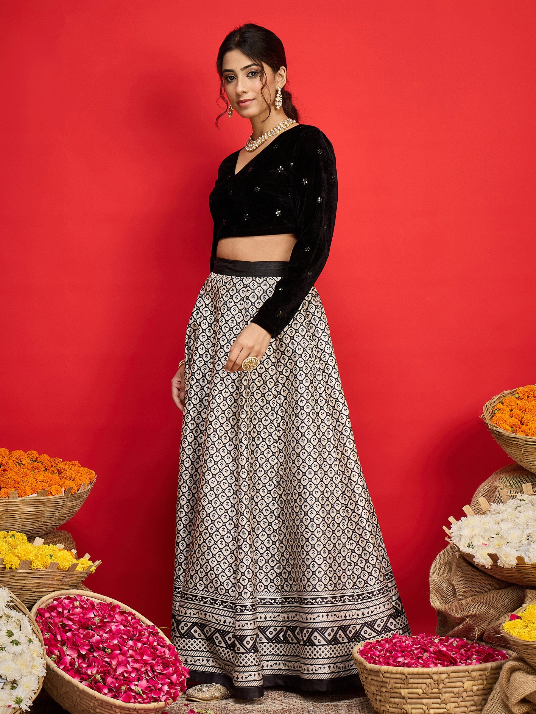 Black Velvet Embroidered Crop Top With Anarkali Skirt-Shae By SASSAFRAS
