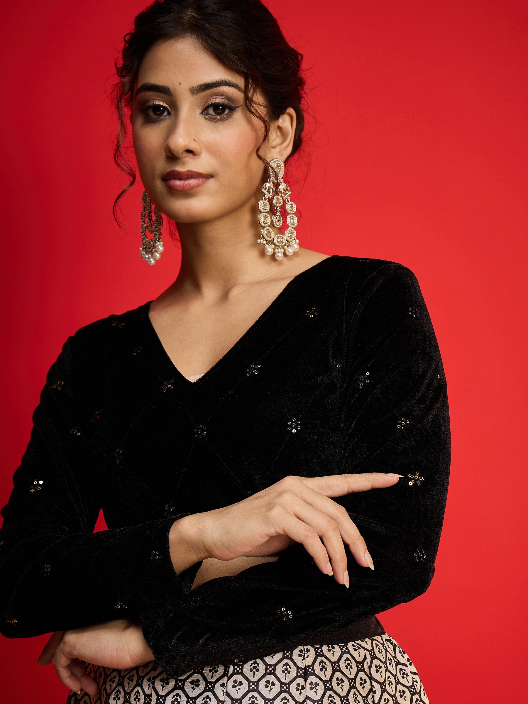 Black Velvet Embroidered Crop Top With Anarkali Skirt-Shae By SASSAFRAS