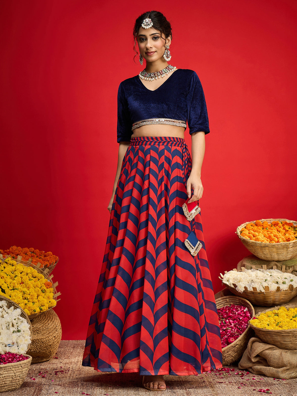 Navy Velvet Short Sleeves Crop Top With Anarkali Skirt-Shae By SASSAFRAS