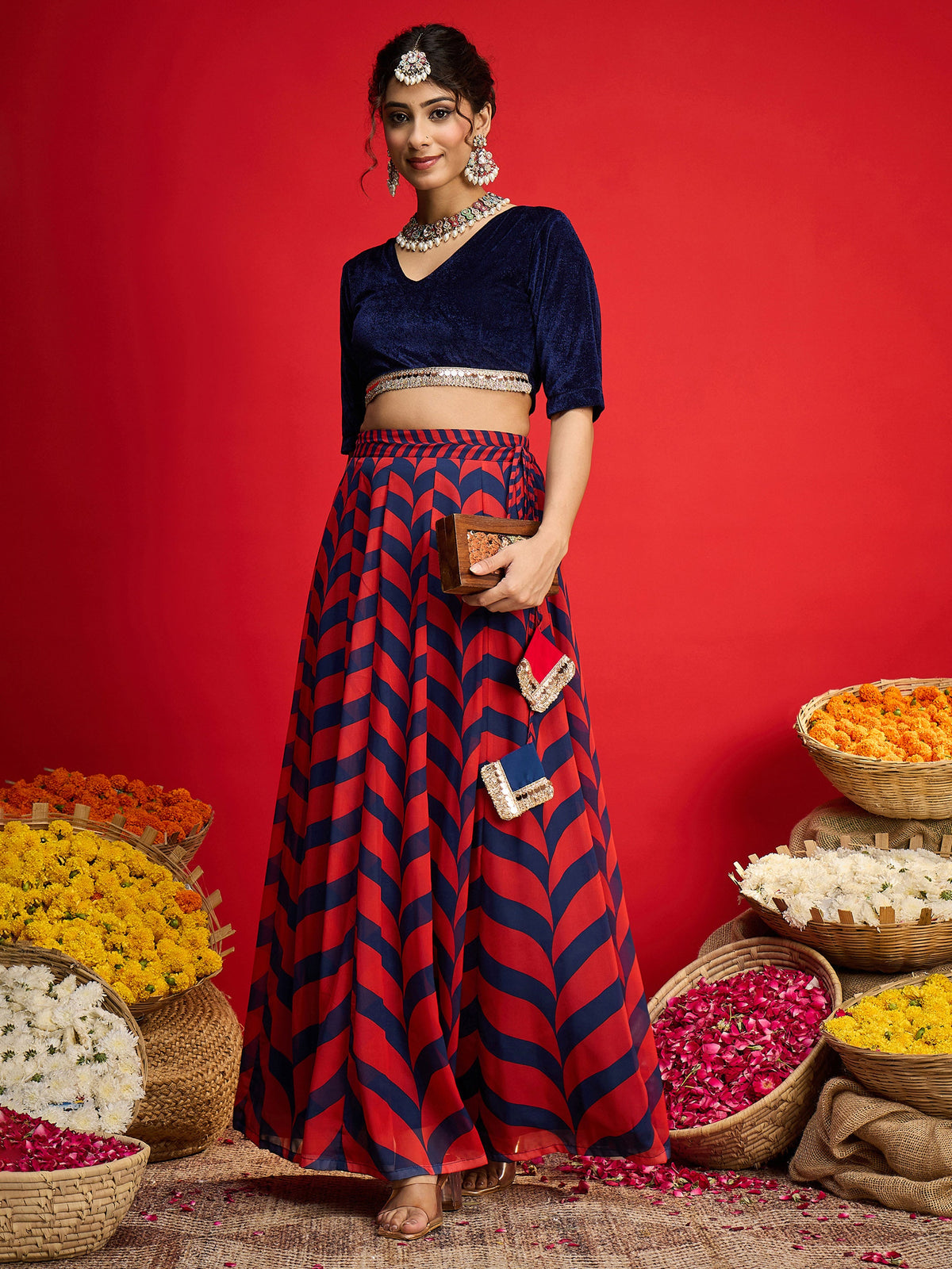 Navy Velvet Short Sleeves Crop Top With Anarkali Skirt-Shae By SASSAFRAS