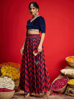 Navy Velvet Short Sleeves Crop Top With Anarkali Skirt-Shae By SASSAFRAS