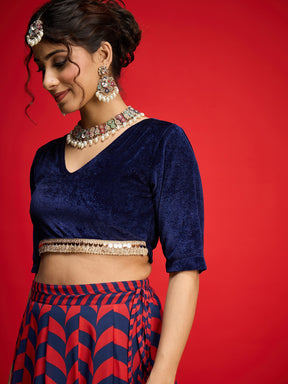 Navy Velvet Short Sleeves Crop Top With Anarkali Skirt-Shae By SASSAFRAS