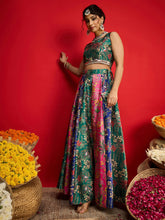 Green Multi Floral Anarkali Skirt With Crop Top-Shae By SASSAFRAS