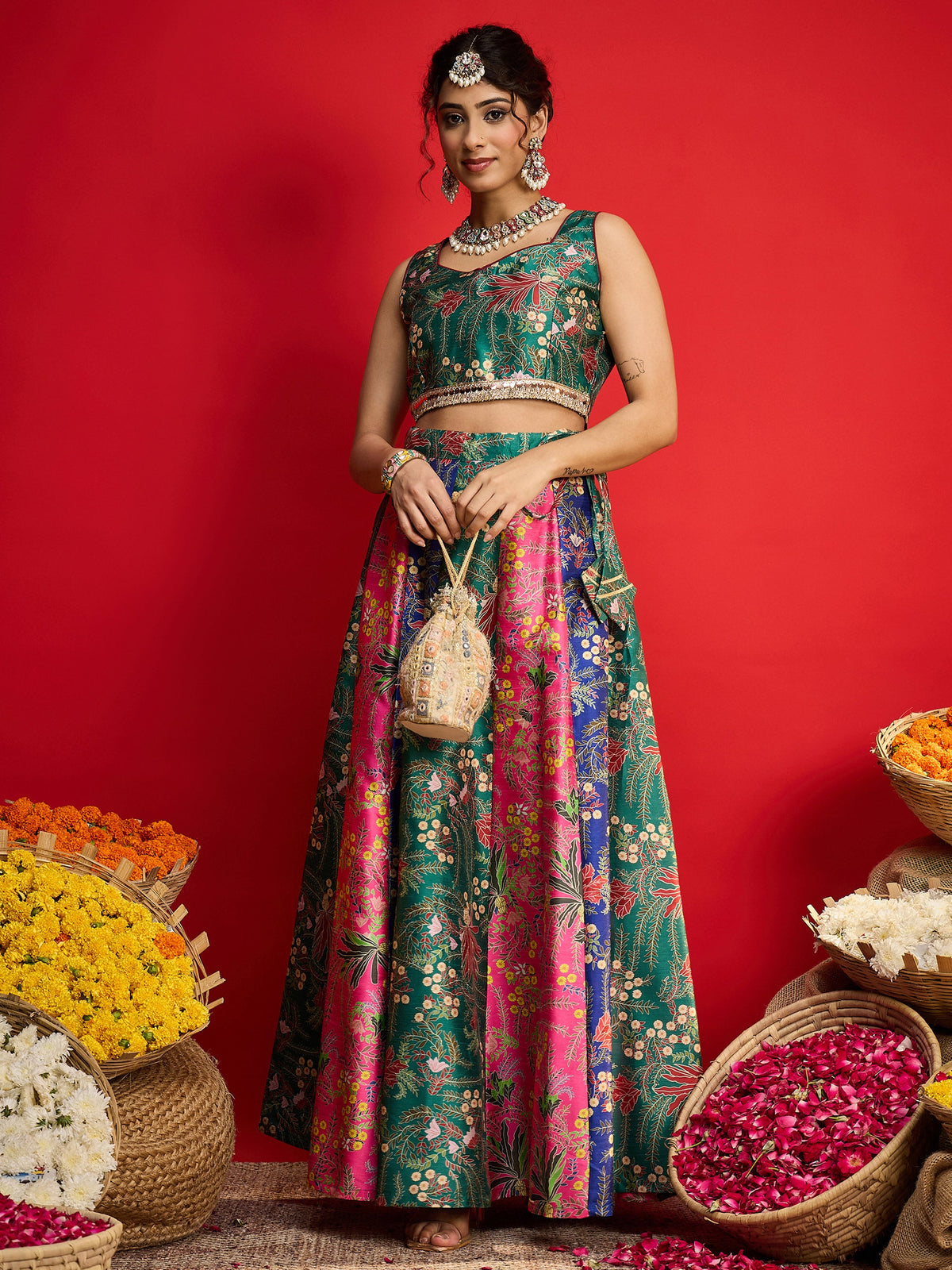 Green Multi Floral Anarkali Skirt With Crop Top-Shae By SASSAFRAS
