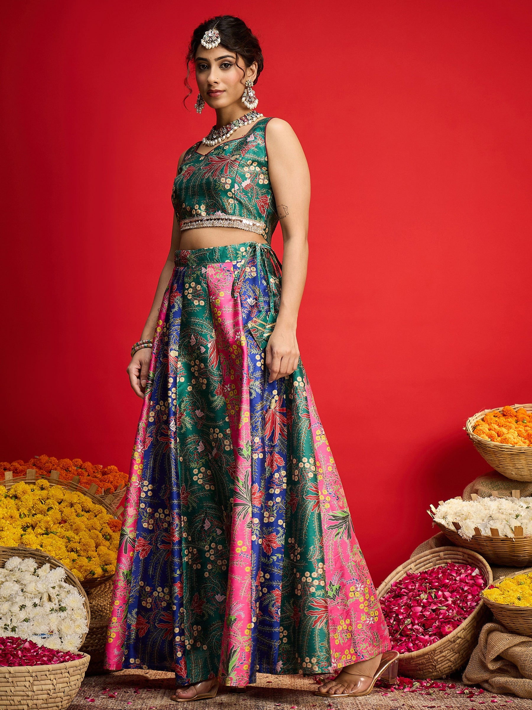 Green Multi Floral Anarkali Skirt With Crop Top-Shae By SASSAFRAS