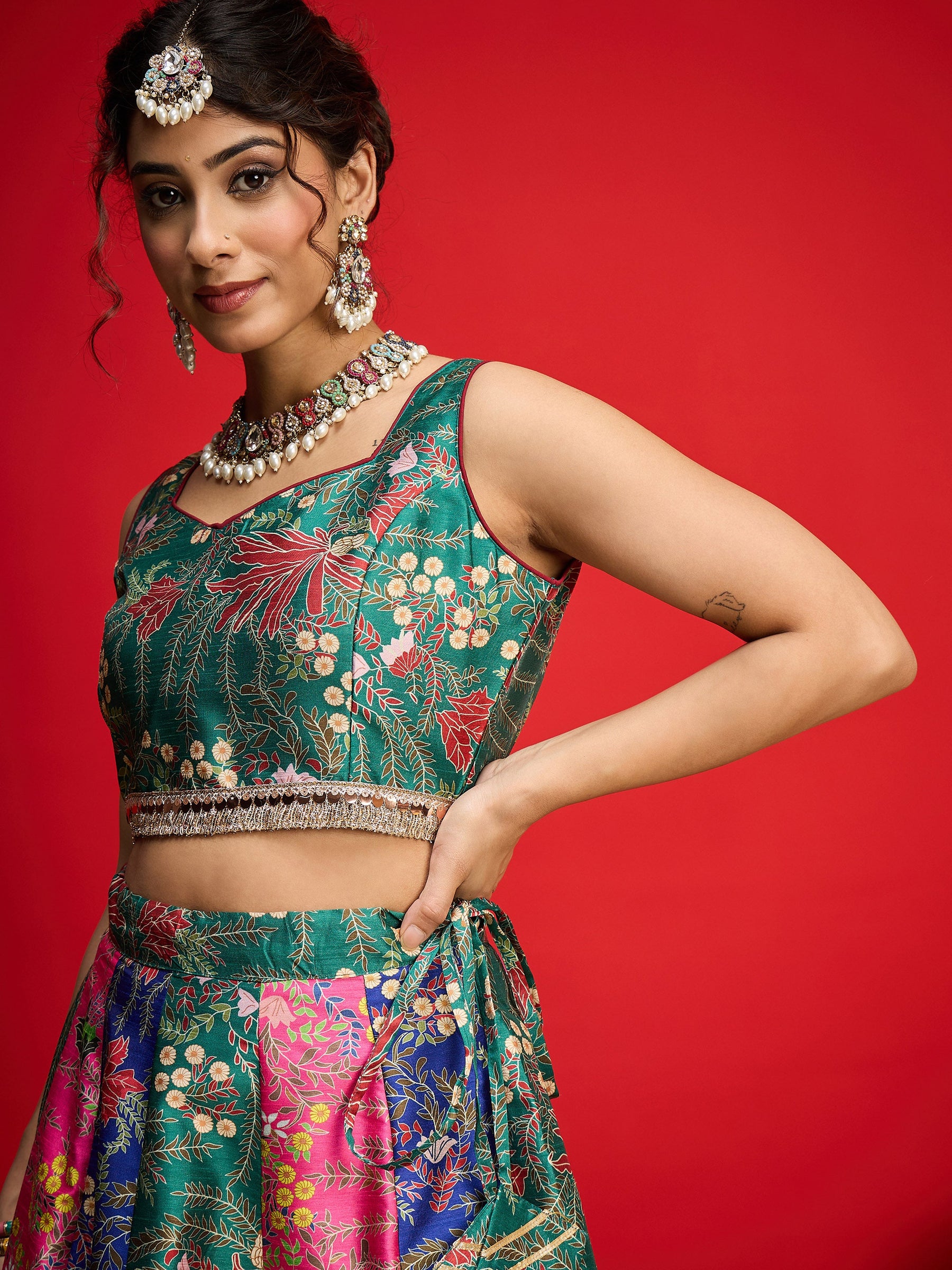 Green Multi Floral Anarkali Skirt With Crop Top-Shae By SASSAFRAS