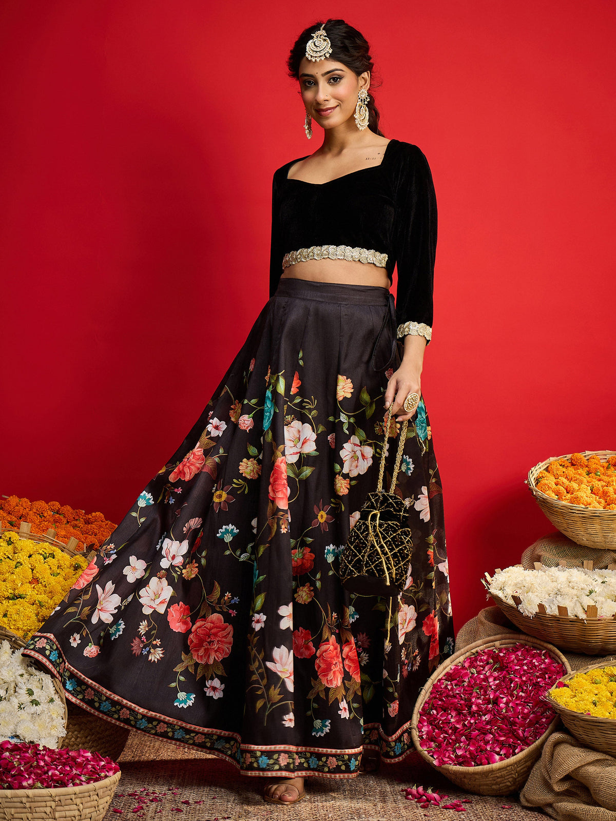 Black Velvet Full Sleeve Crop Top With Anarkali Skirt-Shae By SASSAFRAS