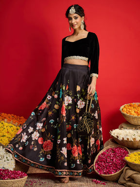Black Velvet Full Sleeve Crop Top With Anarkali Skirt-Shae By SASSAFRAS
