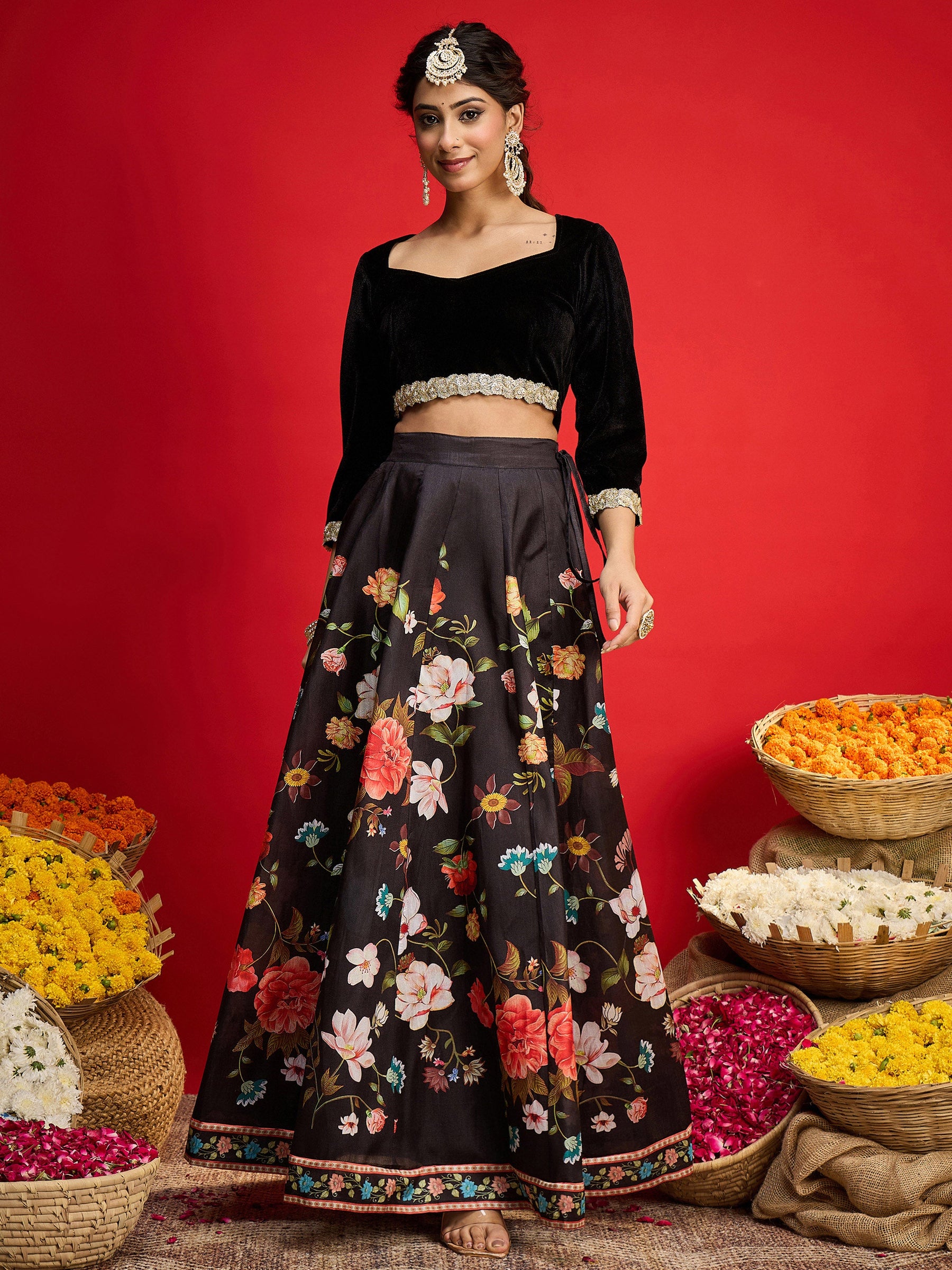 Black Velvet Full Sleeve Crop Top With Anarkali Skirt-Shae By SASSAFRAS