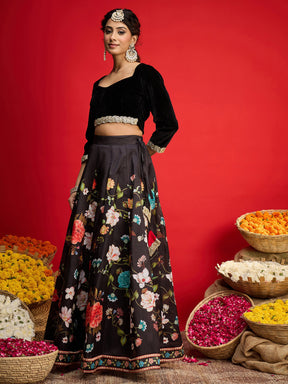 Black Velvet Full Sleeve Crop Top With Anarkali Skirt-Shae By SASSAFRAS
