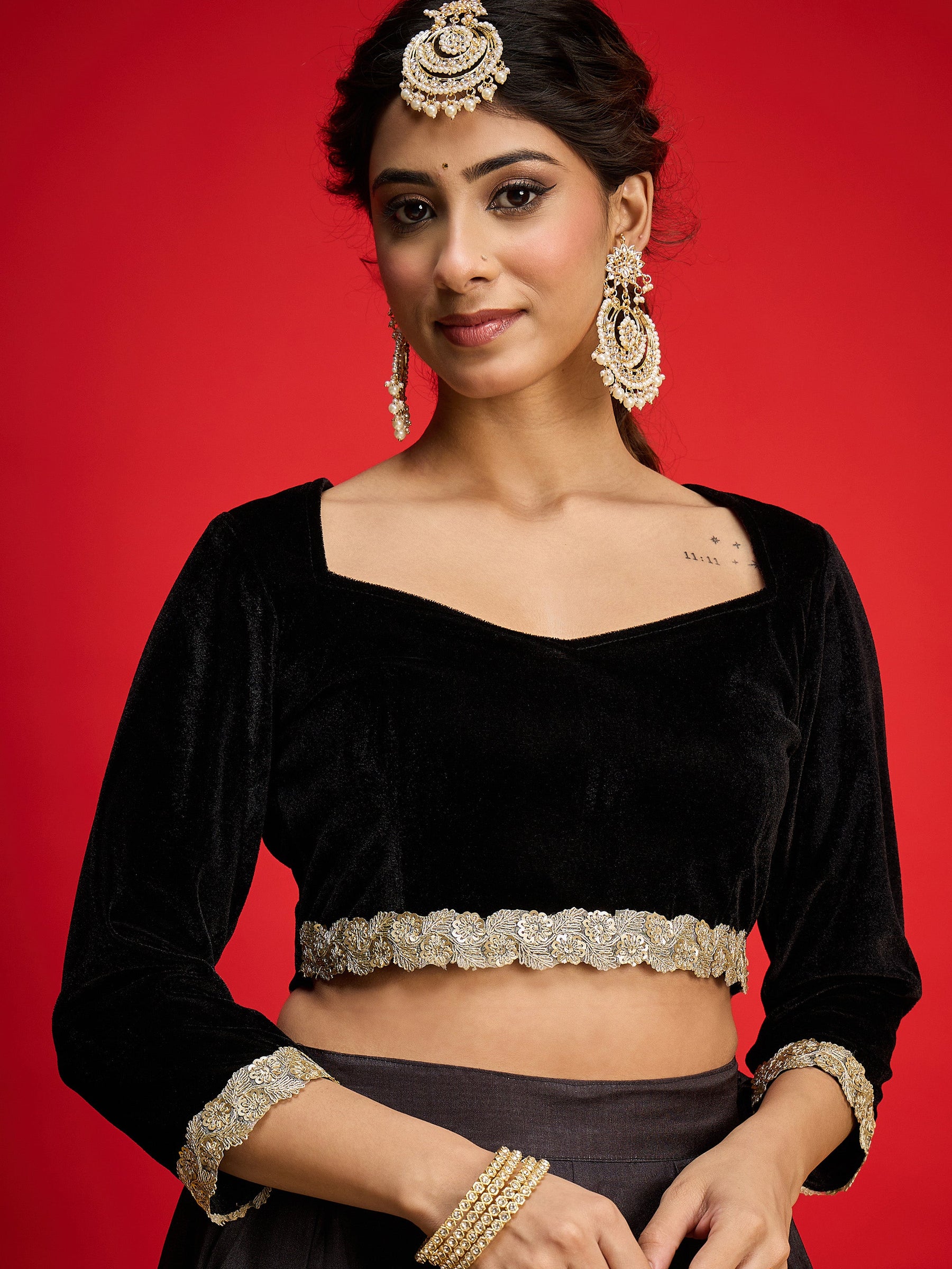 Black Velvet Full Sleeve Crop Top With Anarkali Skirt-Shae By SASSAFRAS