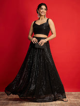 Black Sequins Sleeveless Crop Top With Anarkali Skirt-Shae By SASSAFRAS