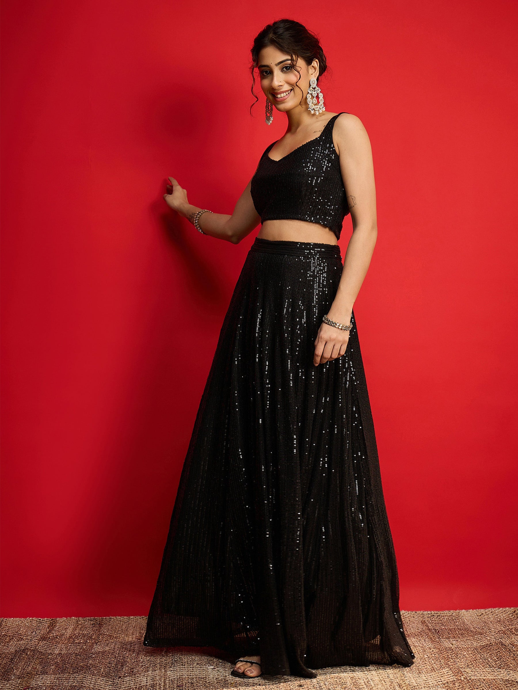 Black Sequins Sleeveless Crop Top With Anarkali Skirt-Shae By SASSAFRAS