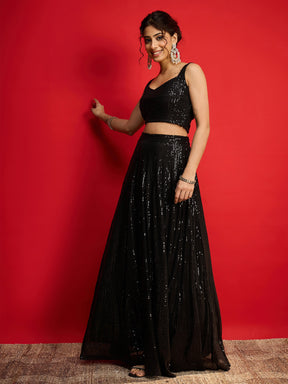 Black Sequins Sleeveless Crop Top With Anarkali Skirt-Shae By SASSAFRAS