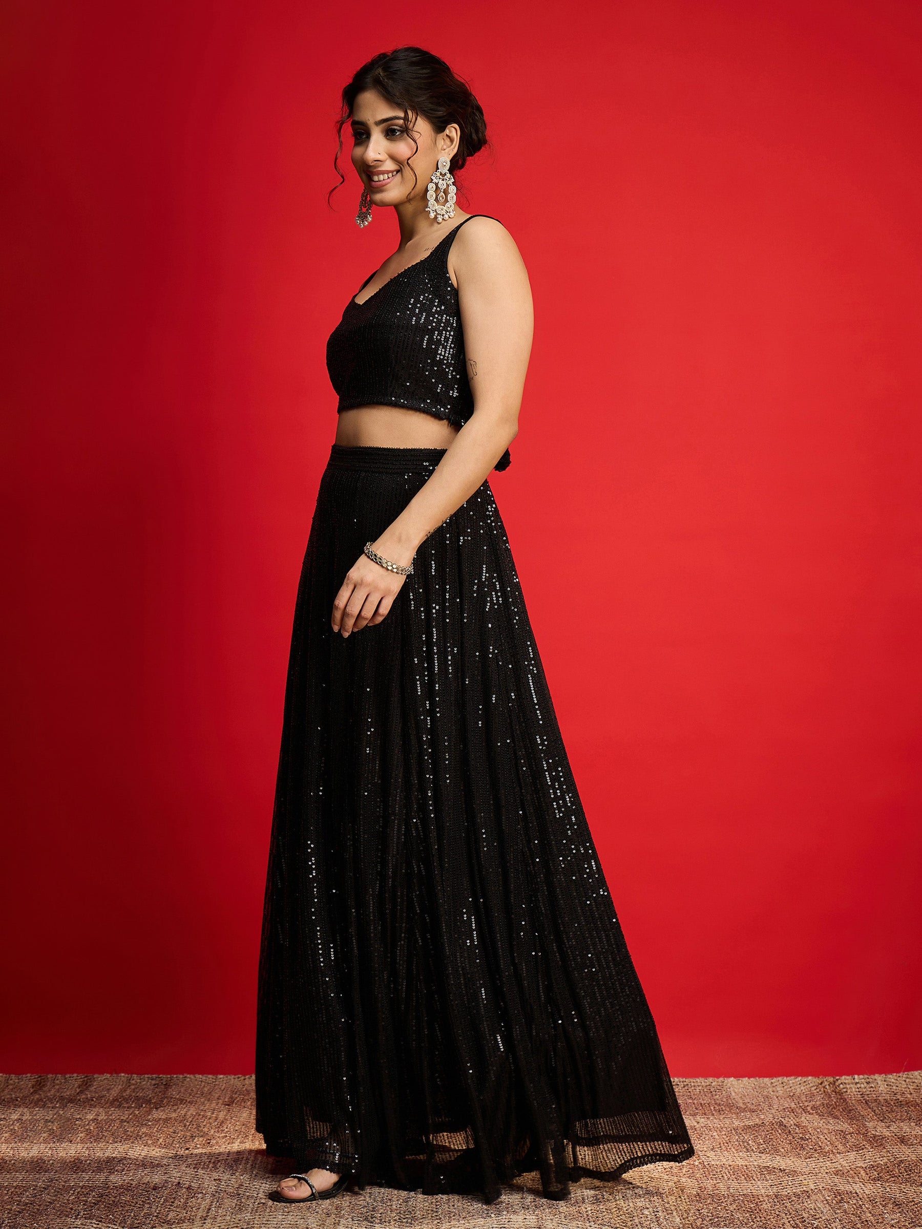 Black Sequins Sleeveless Crop Top With Anarkali Skirt-Shae By SASSAFRAS