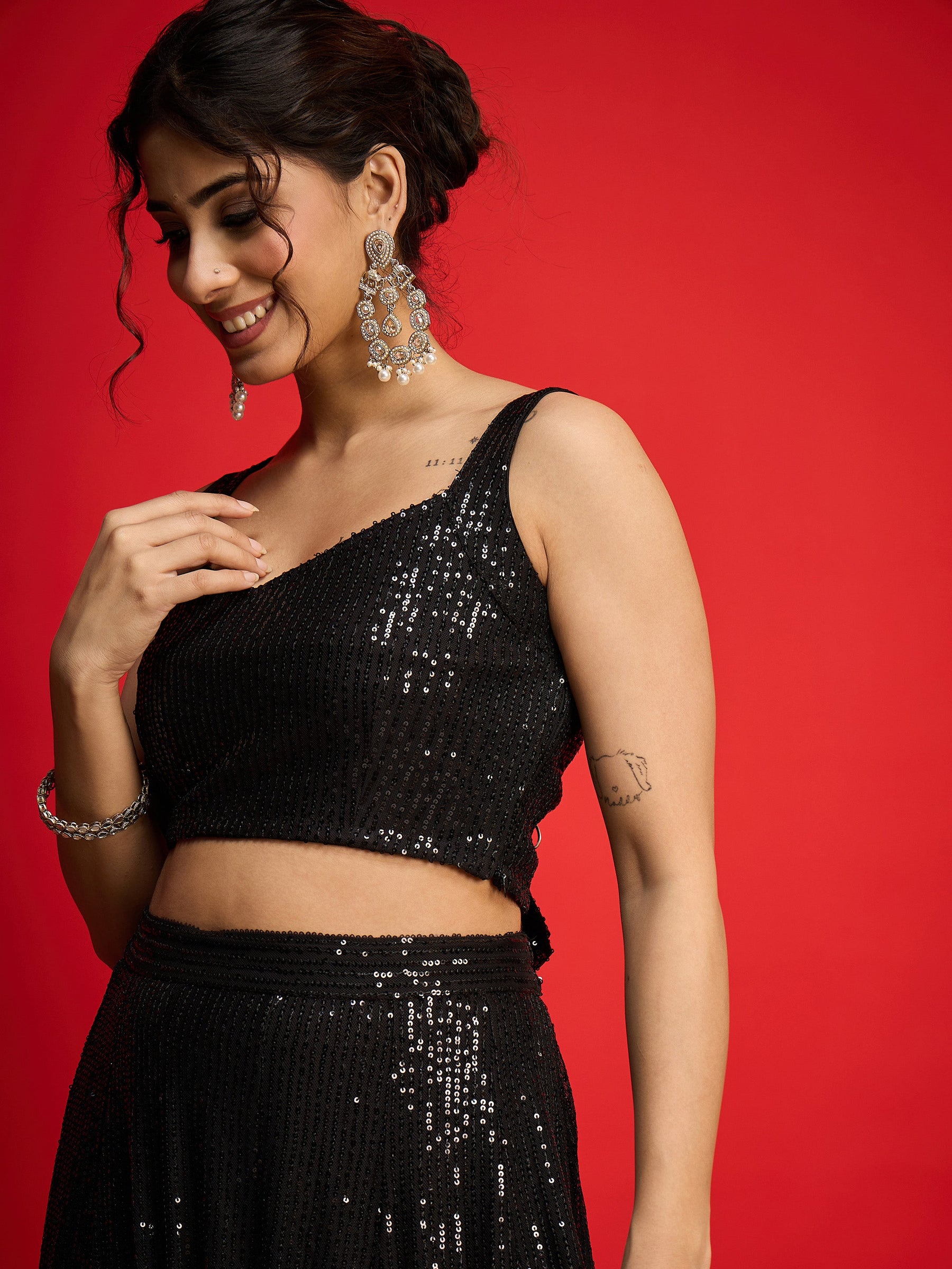Black Sequins Sleeveless Crop Top With Anarkali Skirt-Shae By SASSAFRAS