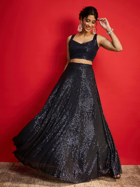 Navy Sequins Sleeveless Crop Top With Anarkali Skirt-Shae By SASSAFRAS