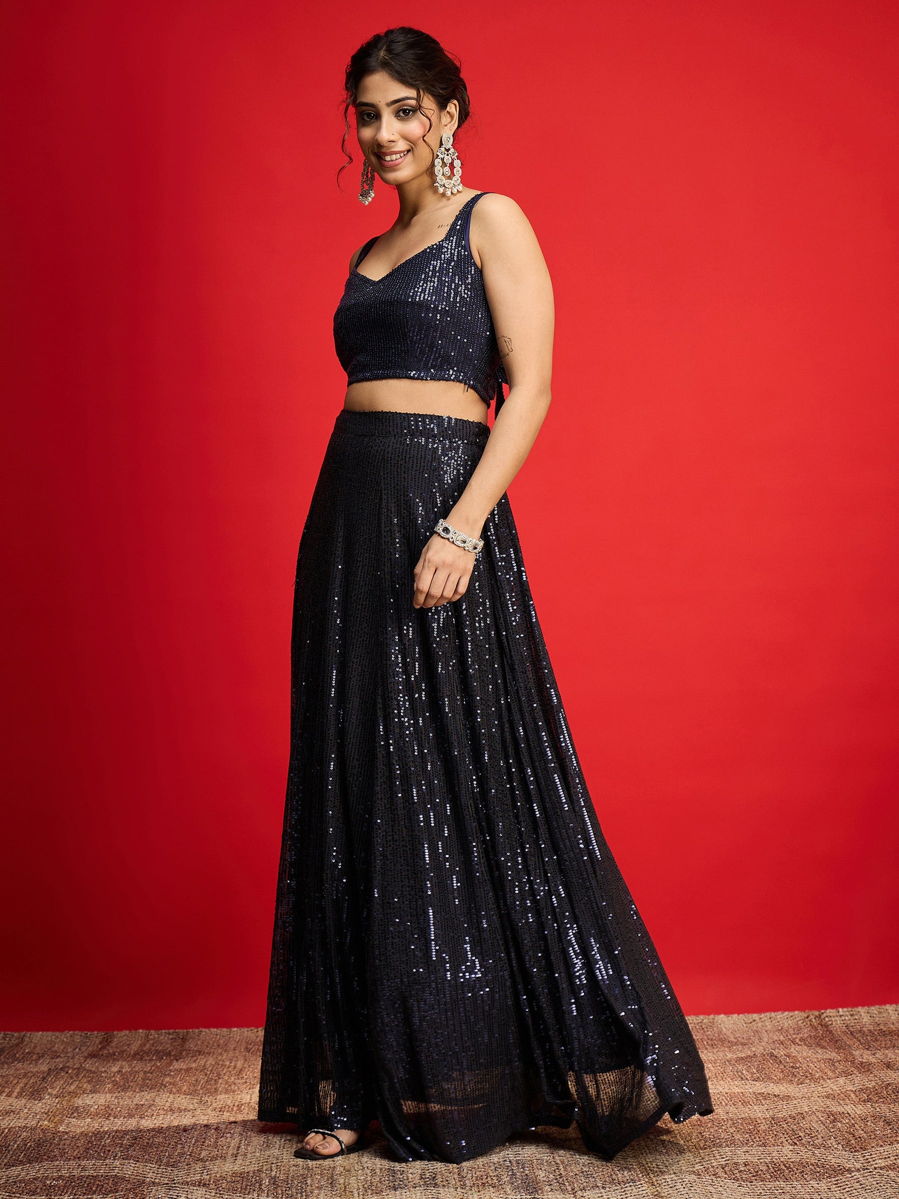 Navy Sequins Sleeveless Crop Top With Anarkali Skirt-Shae By SASSAFRAS