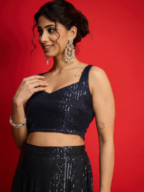 Navy Sequins Sleeveless Crop Top With Anarkali Skirt-Shae By SASSAFRAS
