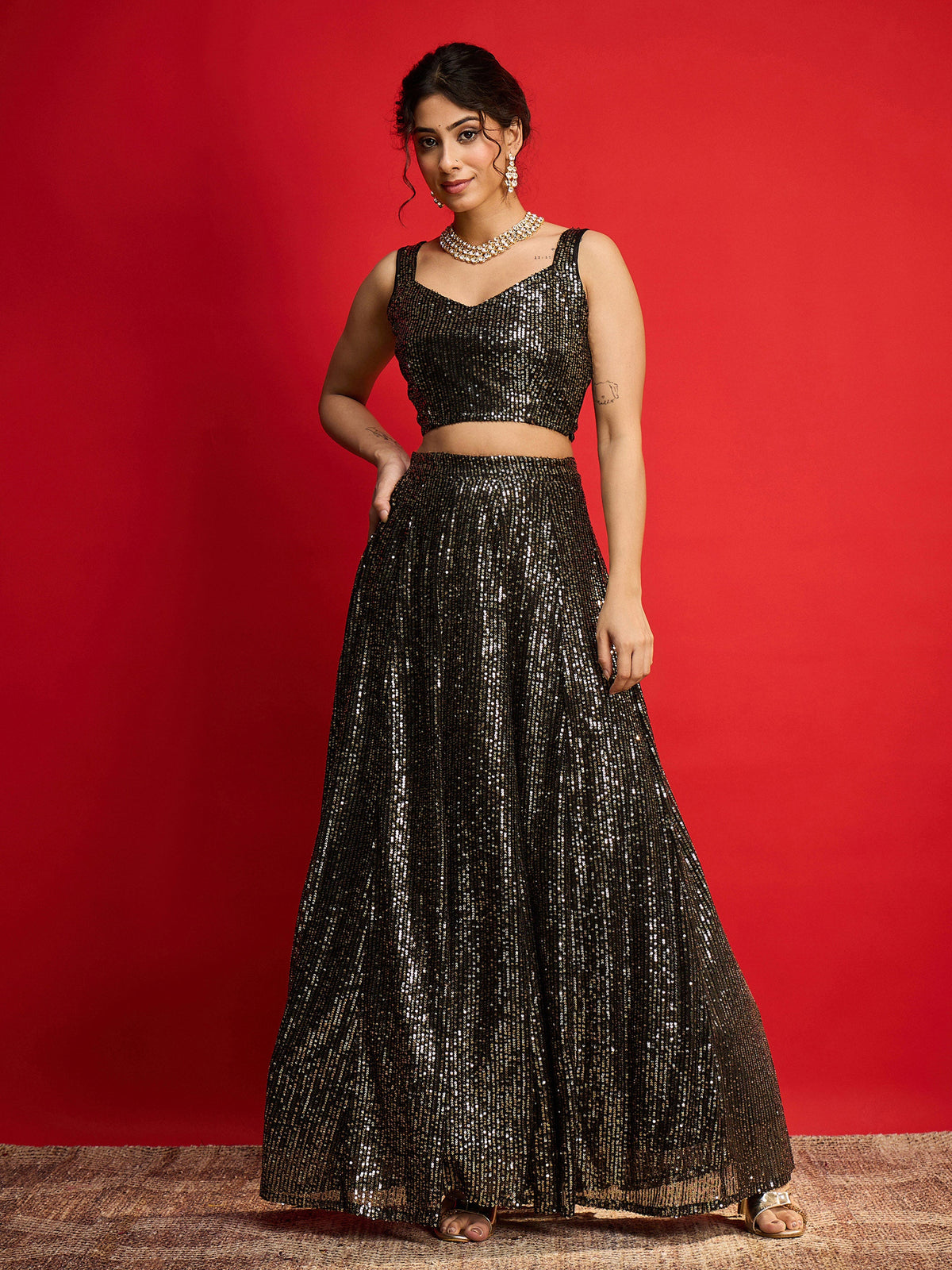 Black With Golden Sequins Sleeveless Crop Top With Anarkali Skirt-Shae By SASSAFRAS