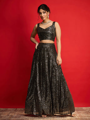 Black With Golden Sequins Sleeveless Crop Top With Anarkali Skirt-Shae By SASSAFRAS