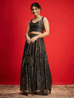Black With Golden Sequins Sleeveless Crop Top With Anarkali Skirt-Shae By SASSAFRAS