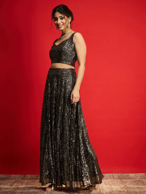 Black With Golden Sequins Sleeveless Crop Top With Anarkali Skirt-Shae By SASSAFRAS
