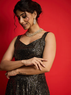 Black With Golden Sequins Sleeveless Crop Top With Anarkali Skirt-Shae By SASSAFRAS
