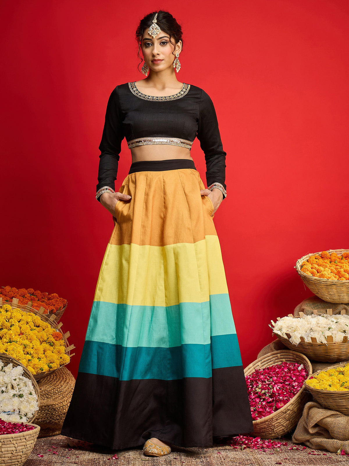Black Poly Silk Crop Top With Anarkali Skirt -Shae By SASSAFRAS